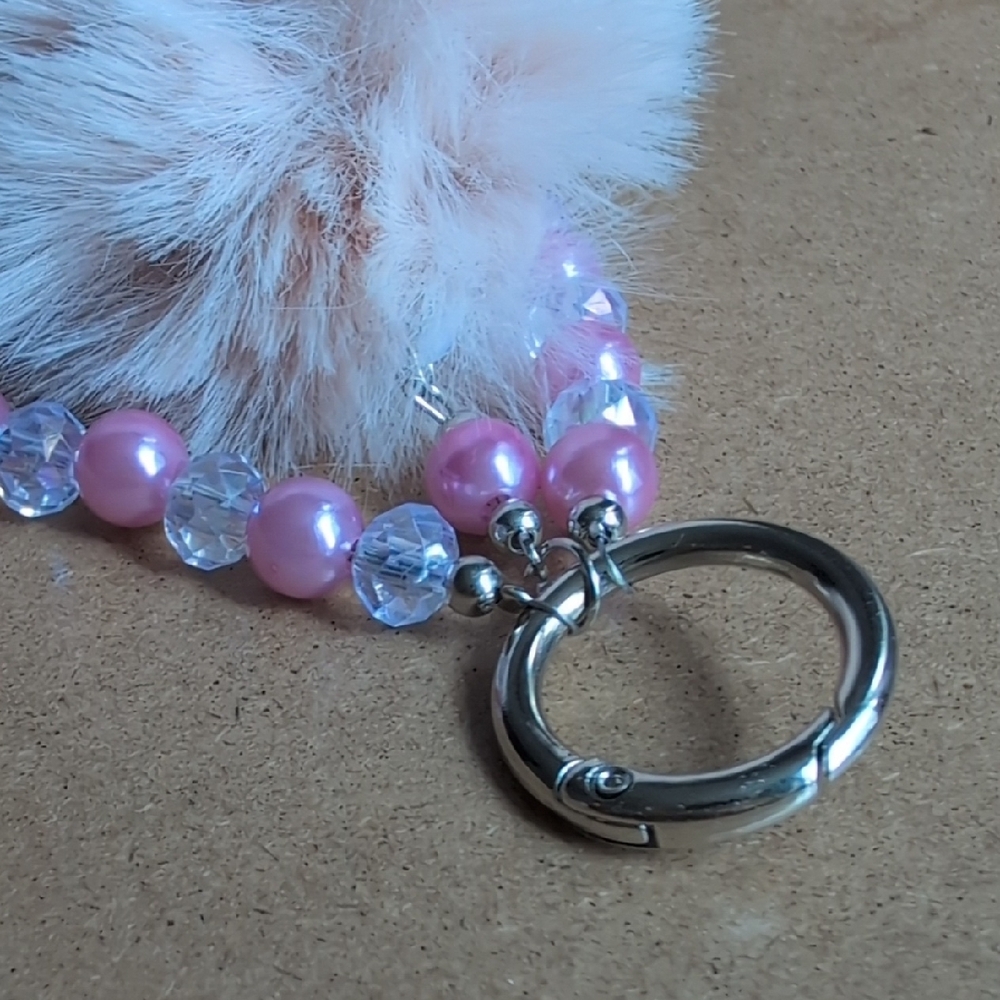 Pink Faux Fur Pom Pom Beaded Keychain Charm - Picture 4 of 6